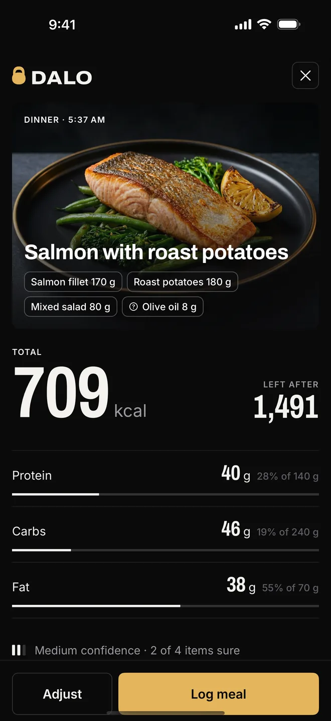 Dalo meal result: a plate of salmon with the total calories and macros
