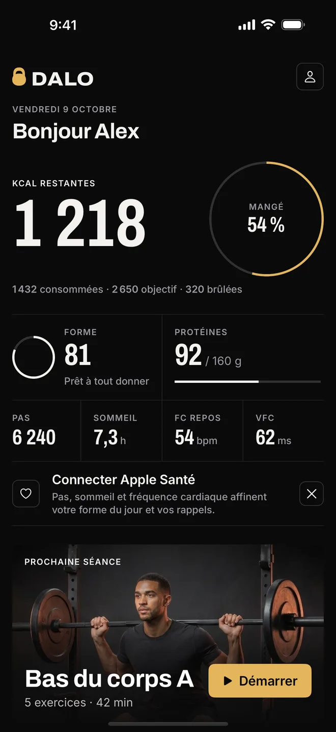 Écran Aujourd’hui de Dalo avec les calories restantes et la prochaine séance